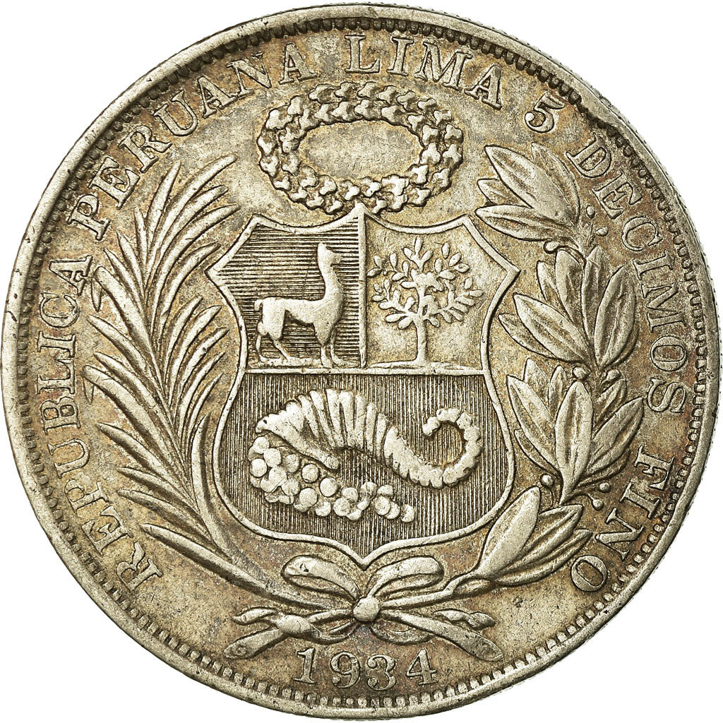 Moneda, Perú, Sol, 1934, Lima, MBC, Plata, KM:218.2