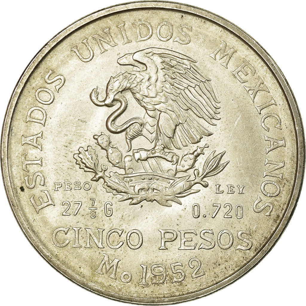 Moneta, Messico, 5 Pesos, 1952, Mexico City, SPL-, Argento, KM:467