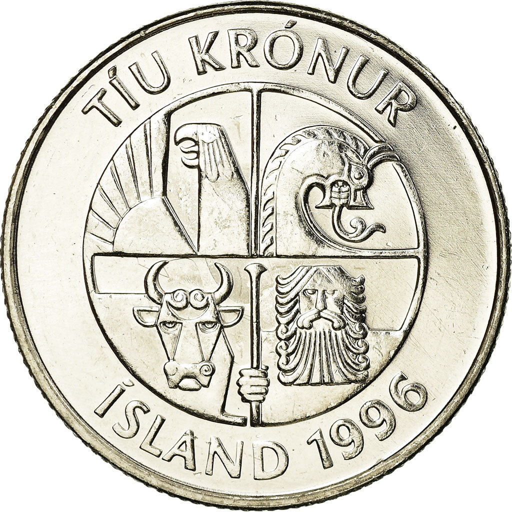 Moeda, Islândia, 10 Kronur, 1996, MS(63), Aço Niquelado, KM:29.1a