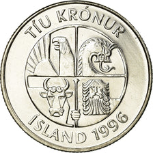 Moeda, Islândia, 10 Kronur, 1996, MS(63), Aço Niquelado, KM:29.1a