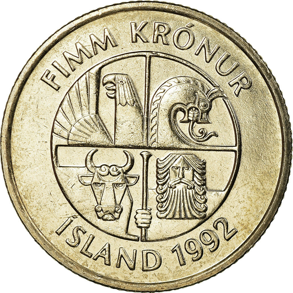 Munten, IJsland, 5 Kronur, 1992, UNC-, Copper-nickel, KM:28