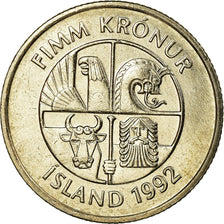 Munten, IJsland, 5 Kronur, 1992, UNC-, Copper-nickel, KM:28