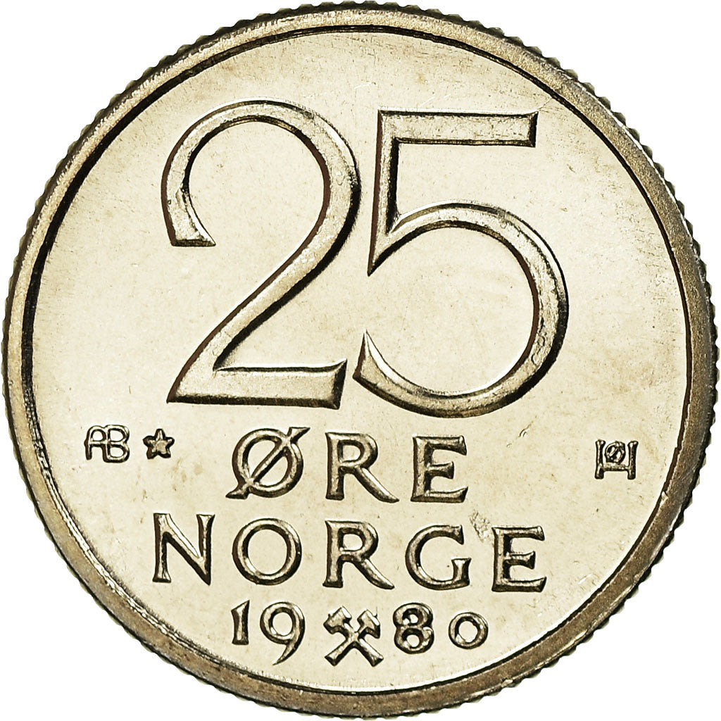 Moneta, Norvegia, Olav V, 25 Öre, 1980, SPL, Rame-nichel, KM:417