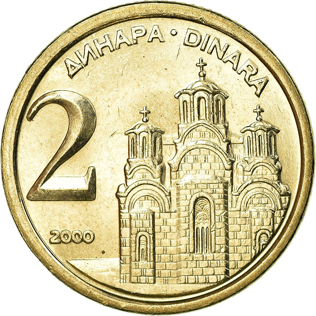 Coin, Yugoslavia, 2 Dinara, 2000, Belgrade, MS(63), Copper-Nickel-Zinc, KM:181