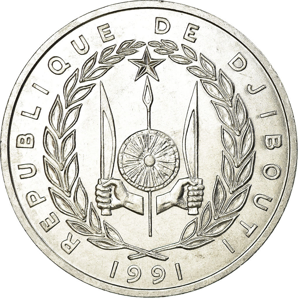 Coin, Djibouti, 5 Francs, 1991, Paris, MS(63), Aluminum, KM:22