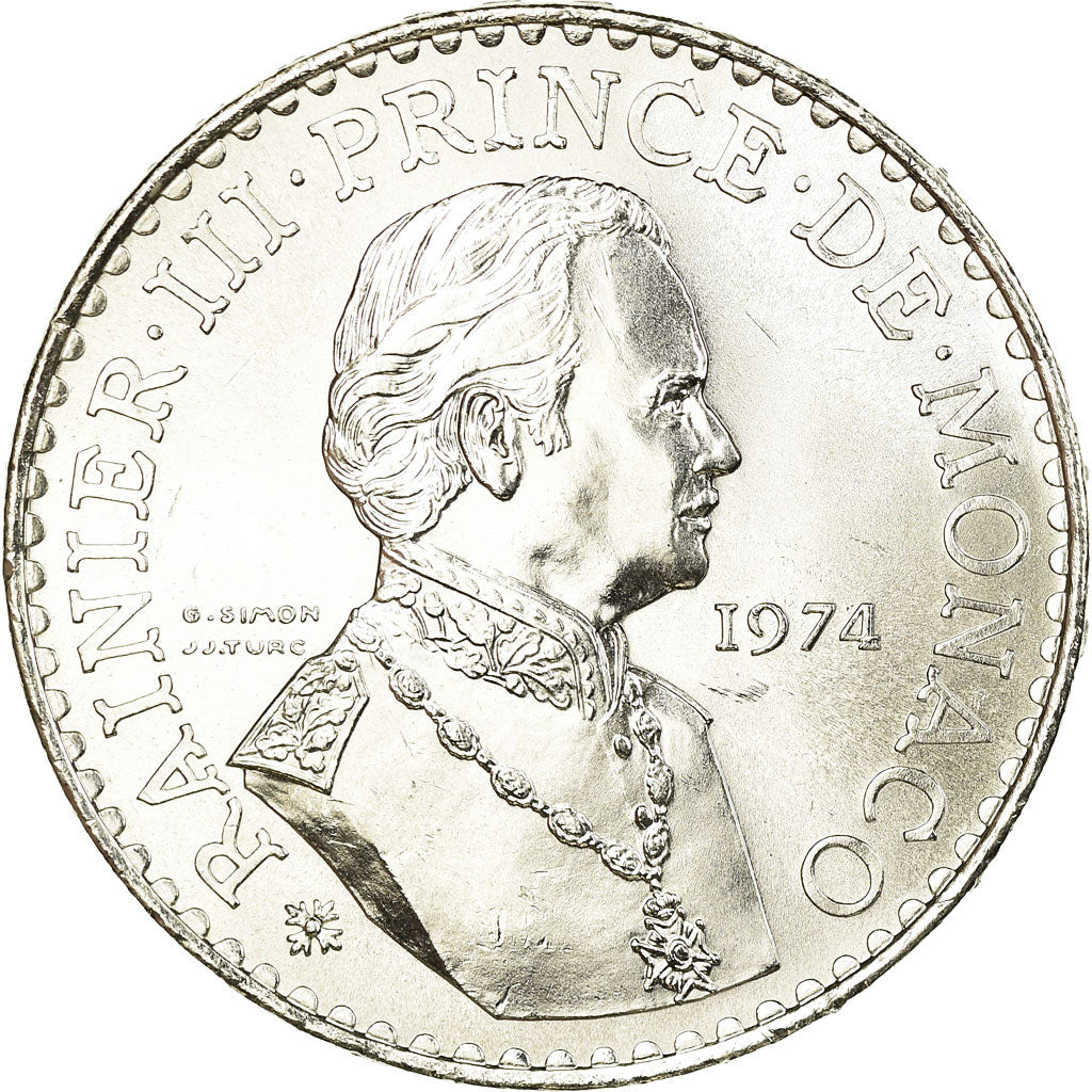 Coin, Monaco, Rainier III, 50 Francs, 1974, MS(60-62), Silver, KM:152.1