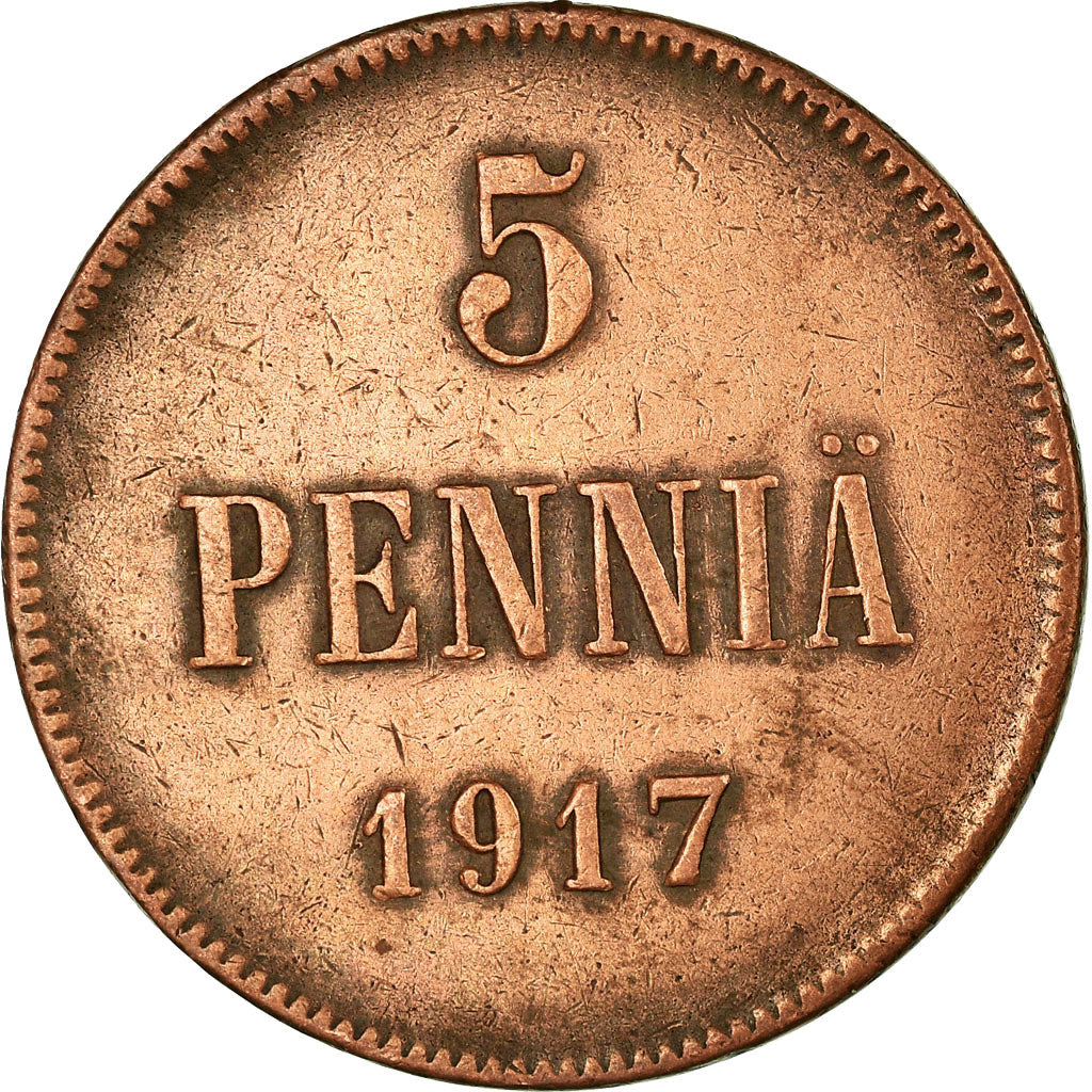 Moneda, Finlandia, Nicholas II, 5 Pennia, 1917, MBC, Cobre, KM:17