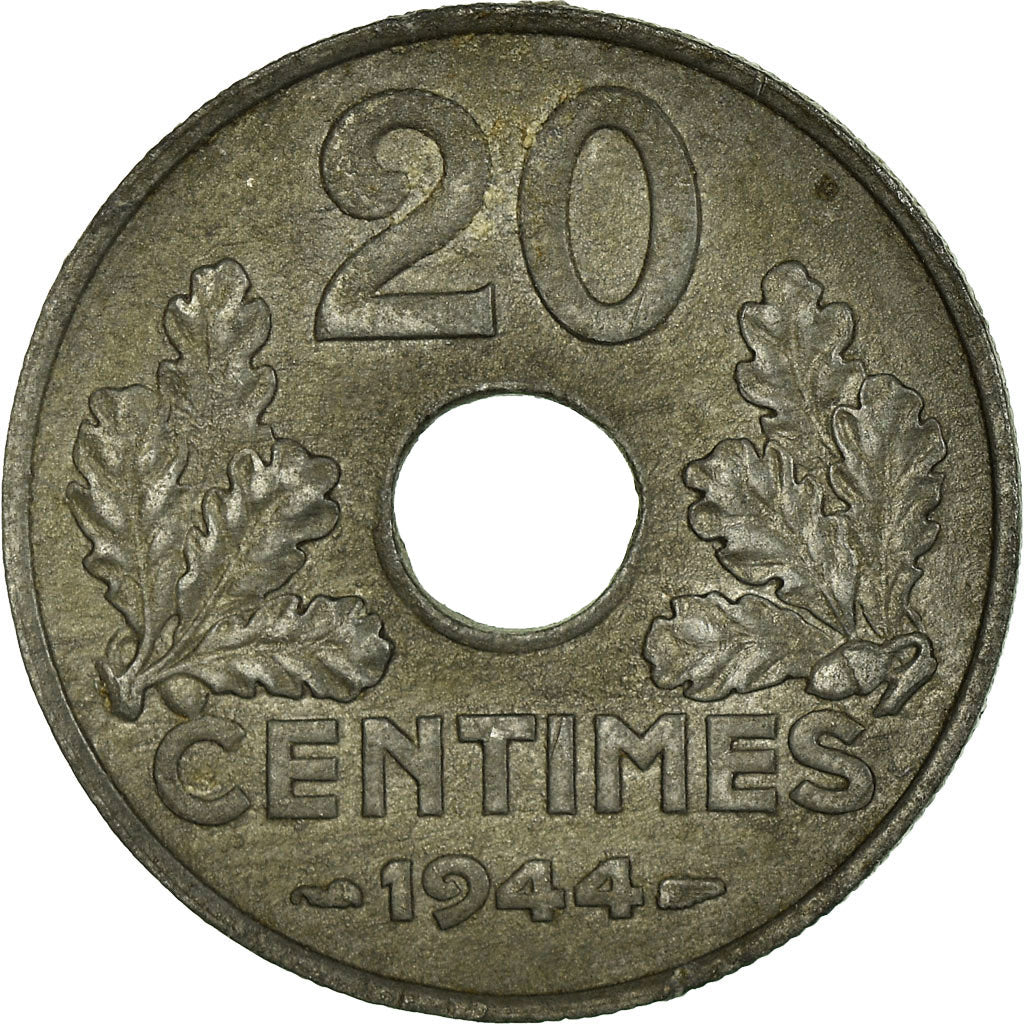 Moeda, França, État français, 20 Centimes, 1944, Paris, AU(55-58), Zinco