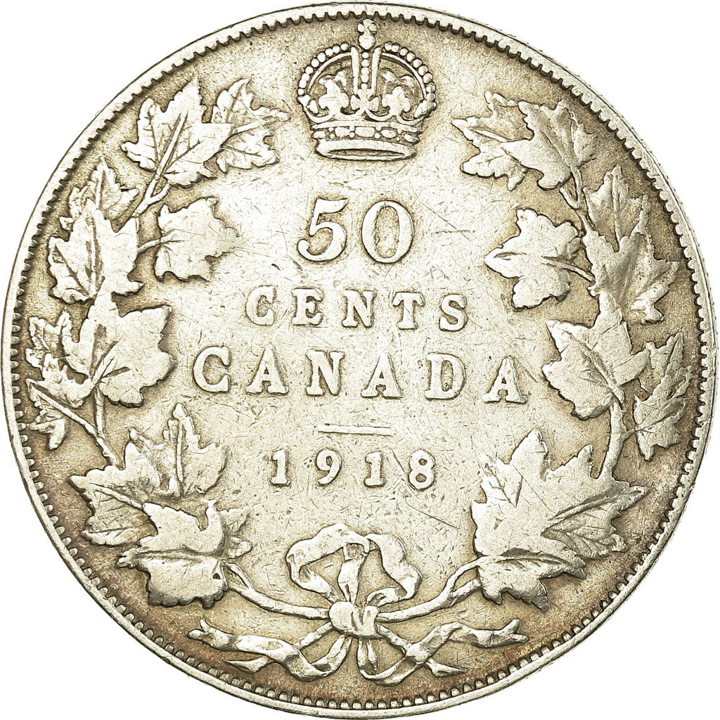 Moneda, Canadá, George V, 50 Cents, 1918, Royal Canadian Mint, Ottawa, BC+