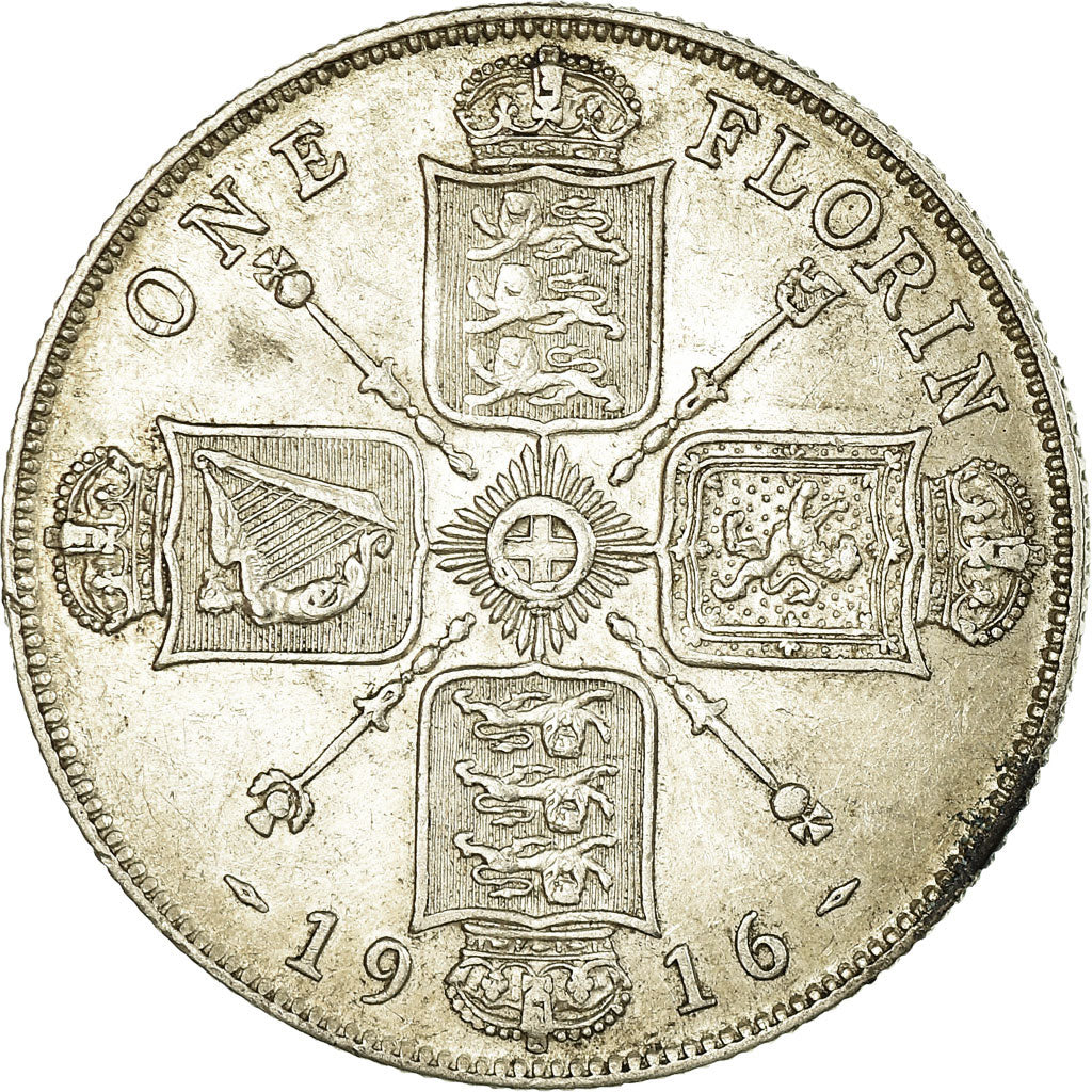 Moeda, Grã-Bretanha, George V, Florin, Two Shillings, 1916, AU(50-53), Prata