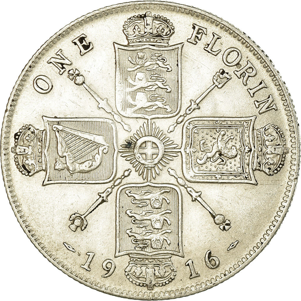Moneta, Gran Bretagna, George V, Florin, Two Shillings, 1916, BB+, Argento