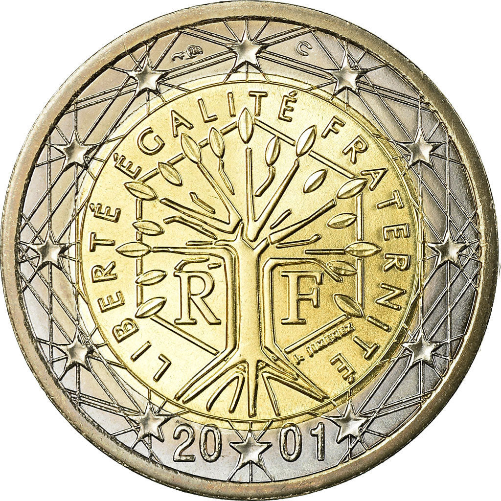 França, 2 Euro, 2001, MS(63), Bimetálico, Gadoury:8., KM:1289