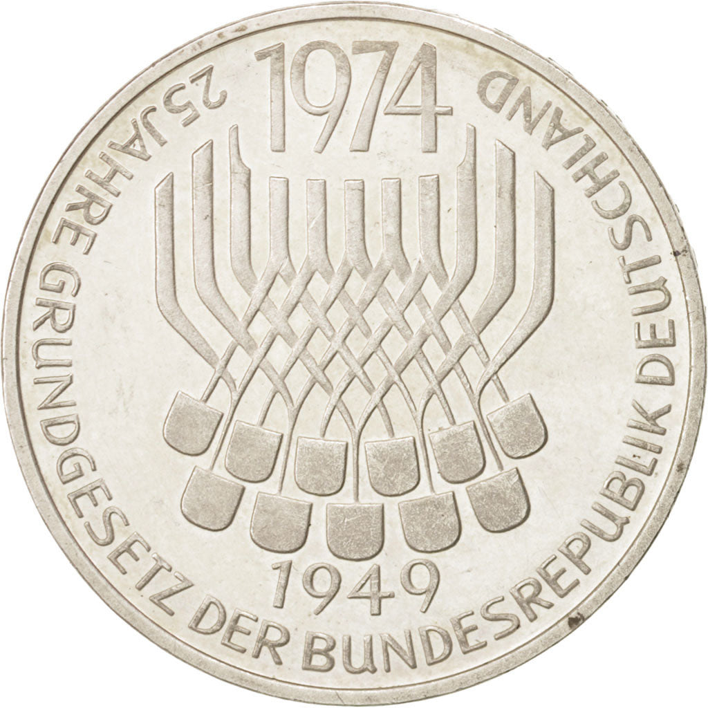 GERMANY - FEDERAL REPUBLIC, 5 Mark, 1974, Stuttgart, Germany, MS(60-62), Silv...