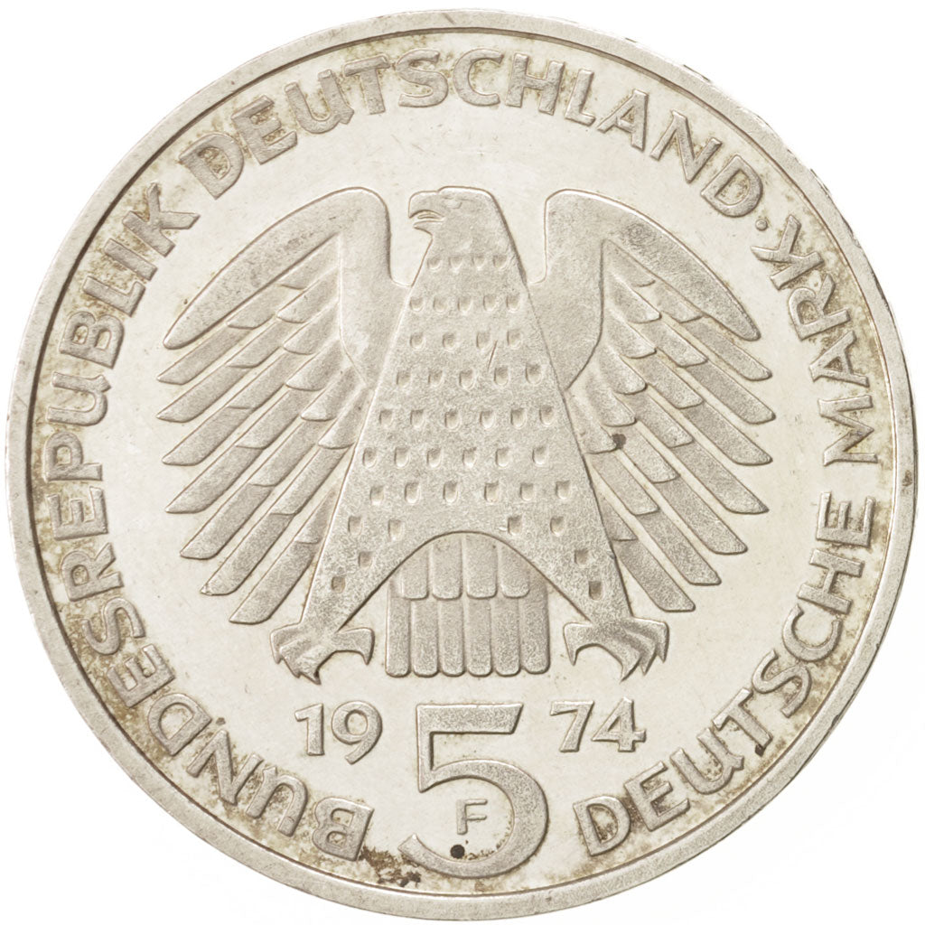 GERMANY - FEDERAL REPUBLIC, 5 Mark, 1974, Stuttgart, Germany, MS(60-62), Silv...