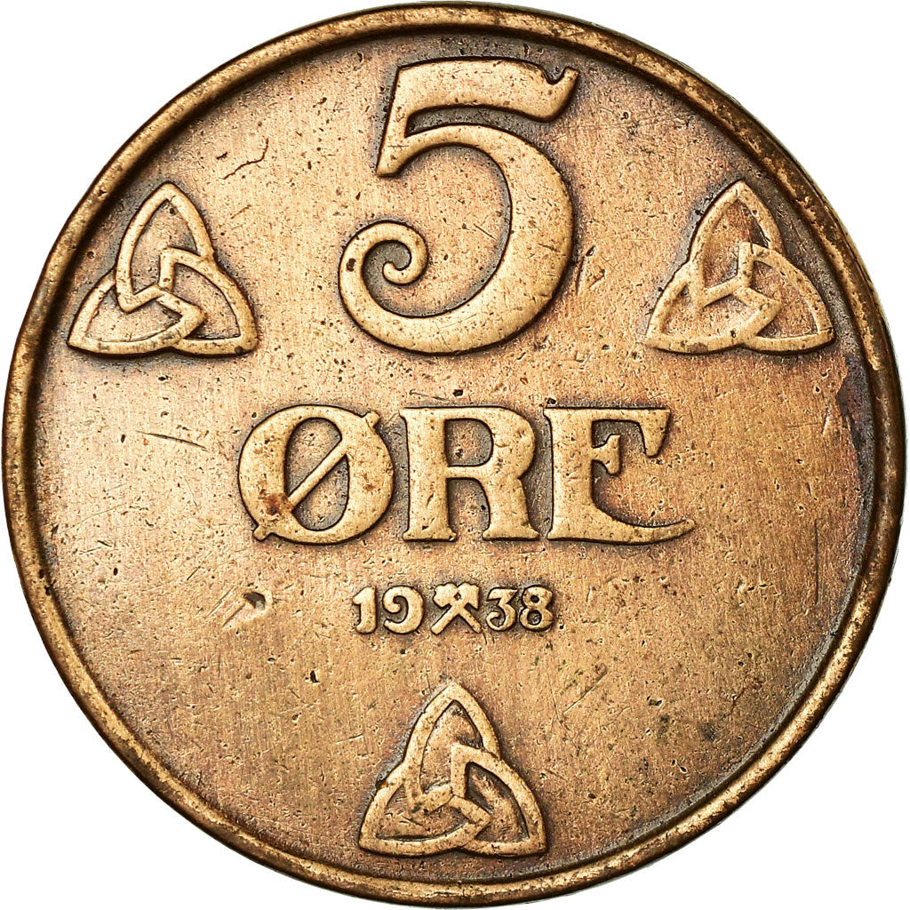Munten, Noorwegen, Haakon VII, 5 Öre, 1938, Kongsberg, ZF, Bronze, KM:368