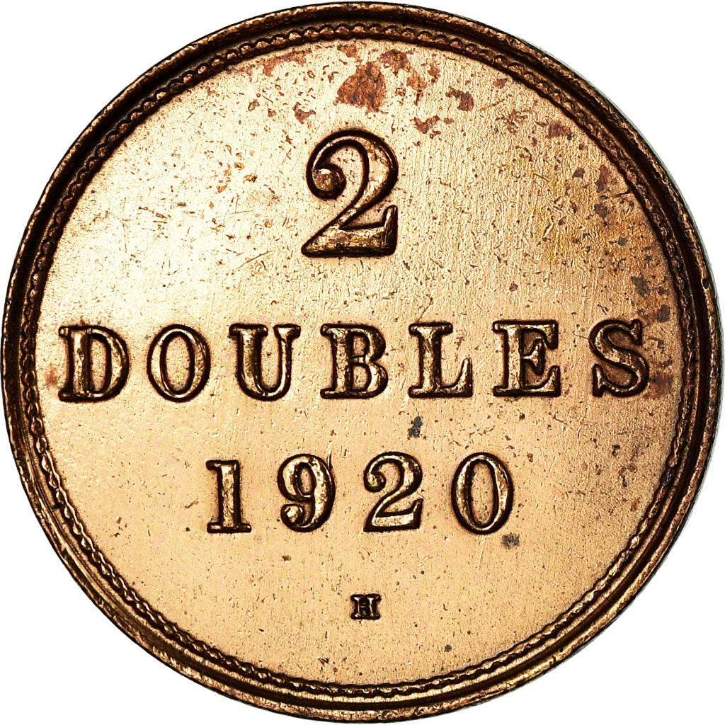 Münze, Guernsey, 2 Doubles, 1920, Heaton, Birmingham, SS, Bronze Plated Copper