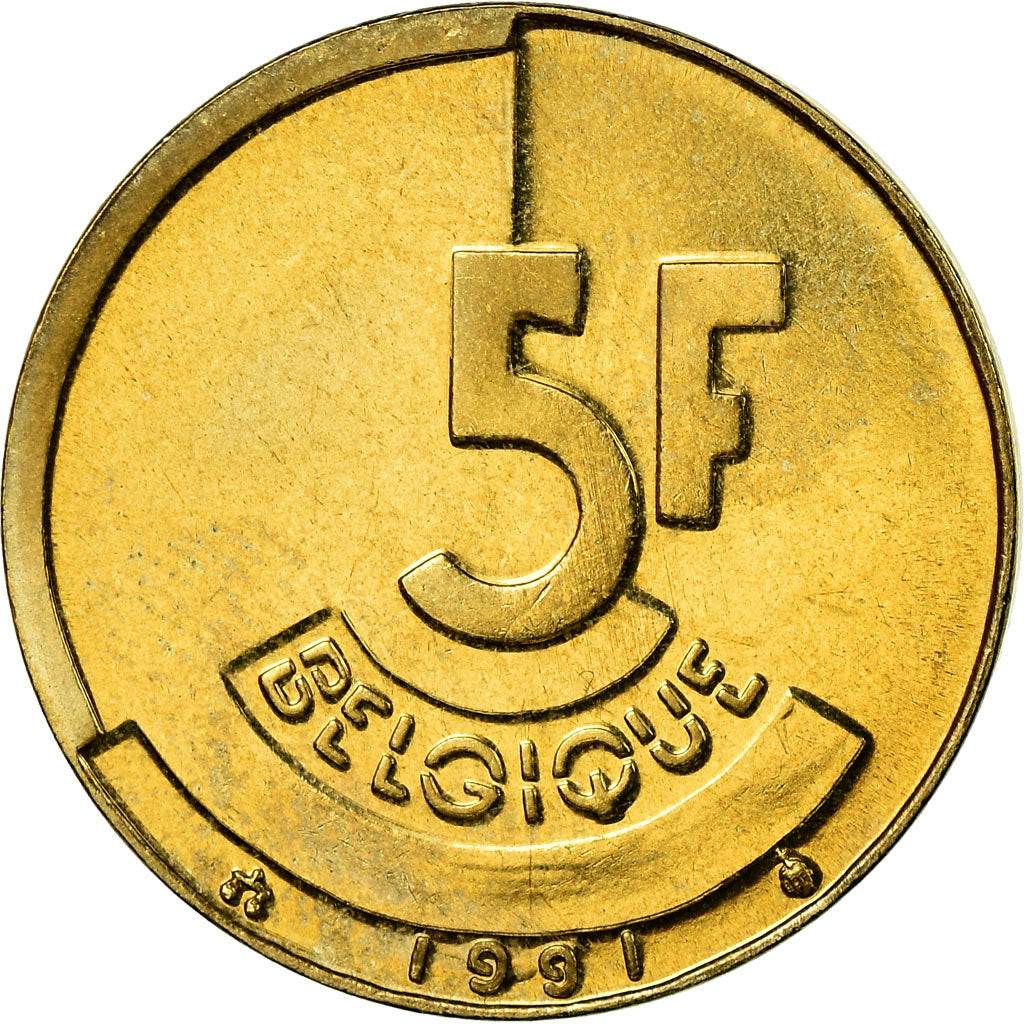 Münze, Belgien, 5 Francs, 5 Frank, 1991, VZ, Brass Or Aluminum-Bronze, KM:163