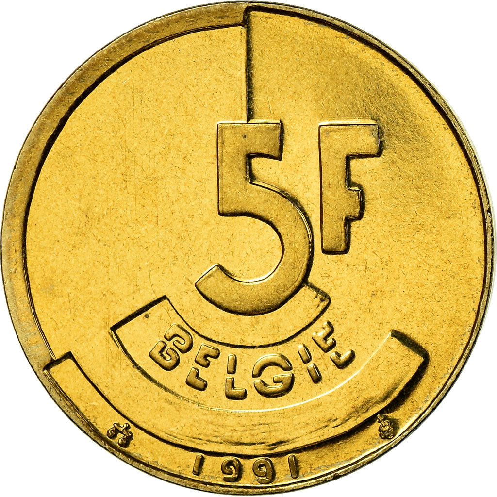 Moneta, Belgio, 5 Francs, 5 Frank, 1991, SPL-, Ottone o alluminio-bronzo, KM:164