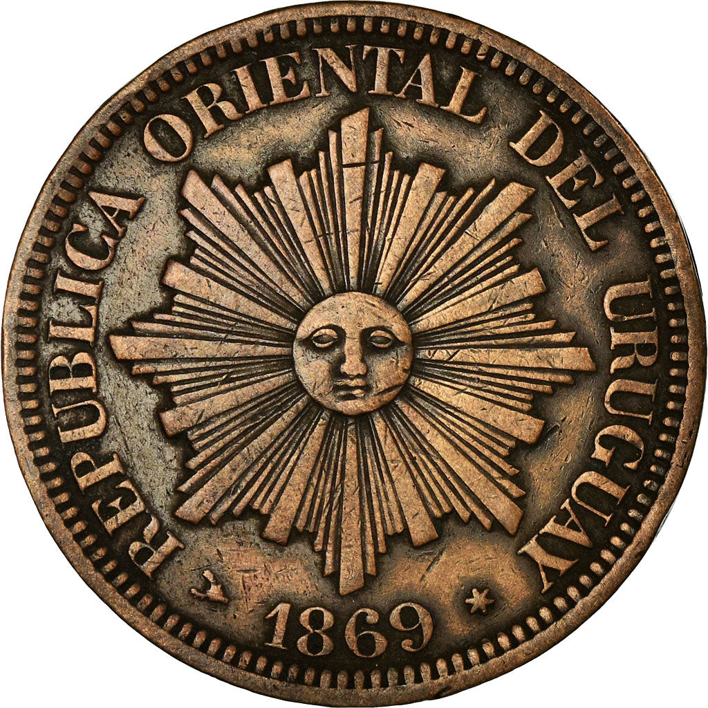 Moneta, Uruguay, 4 Centesimos, 1869, Uruguay Mint, Birmingham, BB+, Bronzo