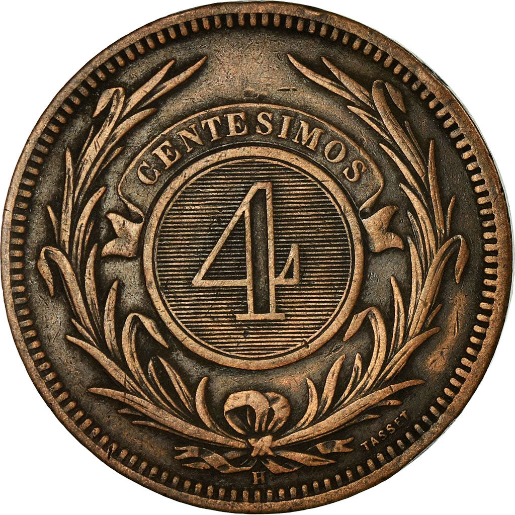 Moneta, Uruguay, 4 Centesimos, 1869, Uruguay Mint, Birmingham, BB+, Bronzo