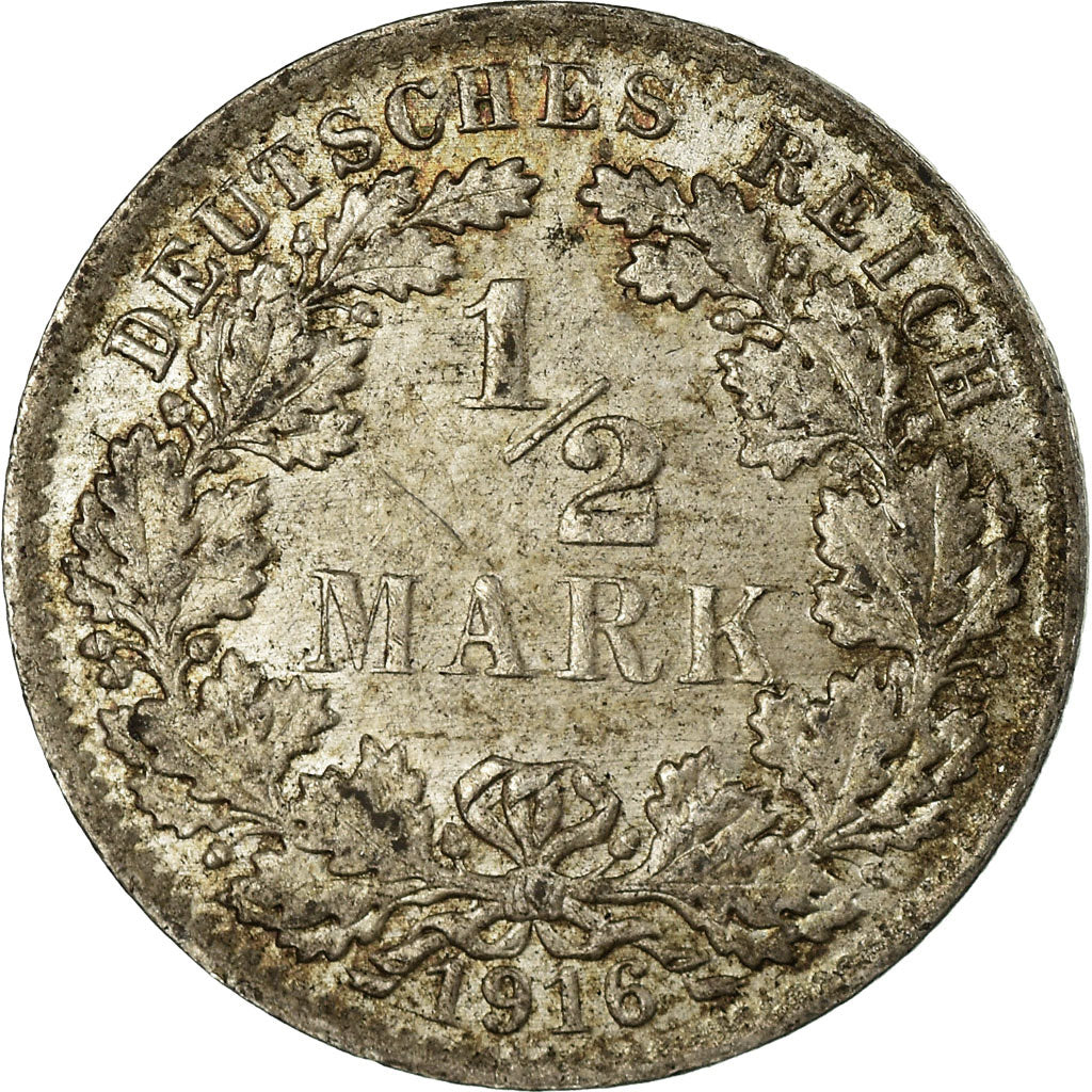 Coin, GERMANY - EMPIRE, 1/2 Mark, 1916, Berlin, EF(40-45), Silver, KM:17