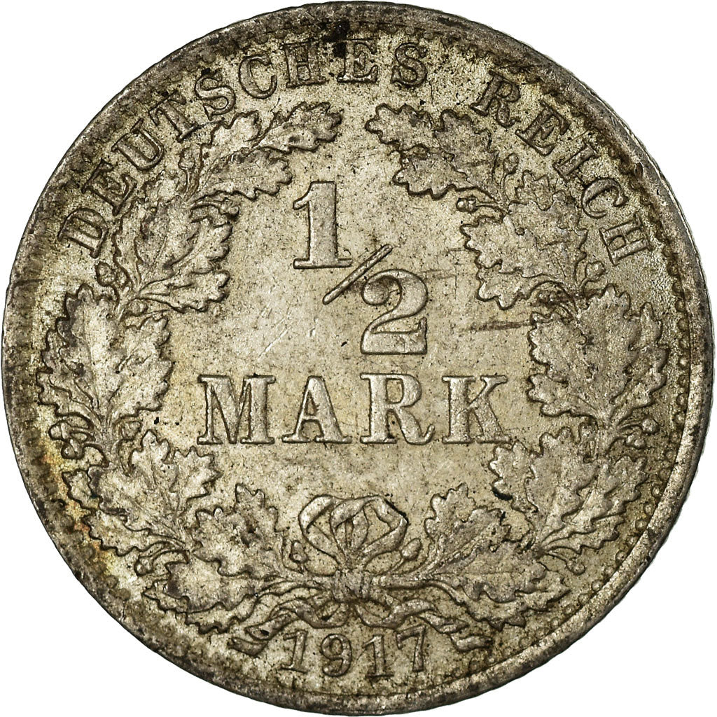 Münze, GERMANY - EMPIRE, 1/2 Mark, 1917, Berlin, S+, Silber, KM:17