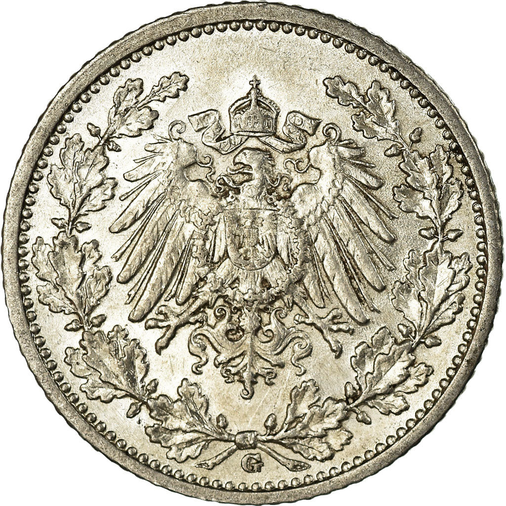 Coin, GERMANY - EMPIRE, 1/2 Mark, 1915, Karlsruhe, AU(50-53), Silver, KM:17