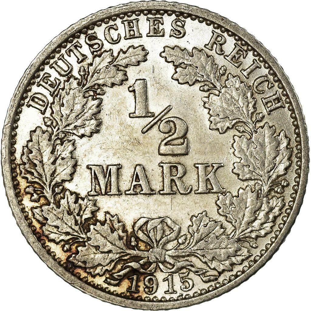 Coin, GERMANY - EMPIRE, 1/2 Mark, 1915, Karlsruhe, AU(50-53), Silver, KM:17