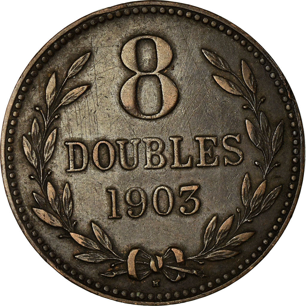 Moeda, Guernesey, 8 Doubles, 1903, Heaton, Birmingham, AU(50-53), Bronze, KM:7