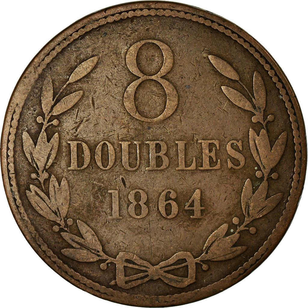 Moneta, Guernsey, 8 Doubles, 1864, Heaton, Birmingham, MB, Bronzo, KM:7