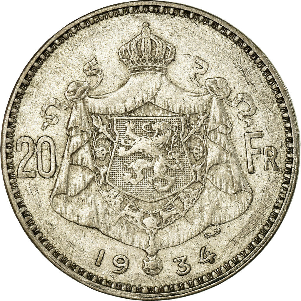 Coin, Belgium, 20 Francs, 20 Frank, 1934, VF(30-35), Silver, KM:103.1