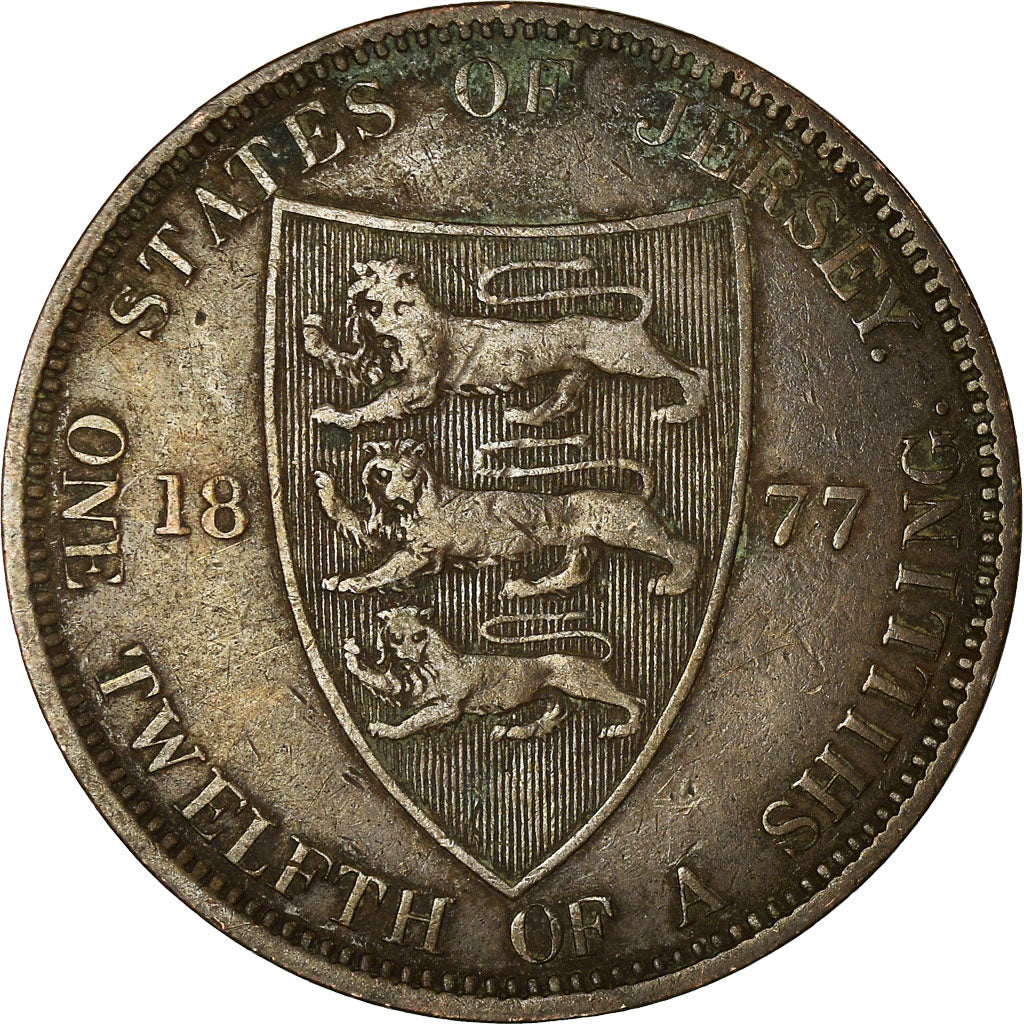 Coin, Jersey, Victoria, 1/12 Shilling, 1877, Heaton, AU(50-53), Bronze, KM:8