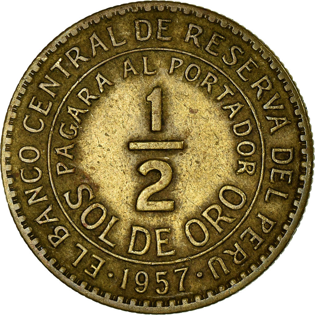 Moneda, Perú, 1/2 Sol, 1957, MBC, Latón, KM:220.5