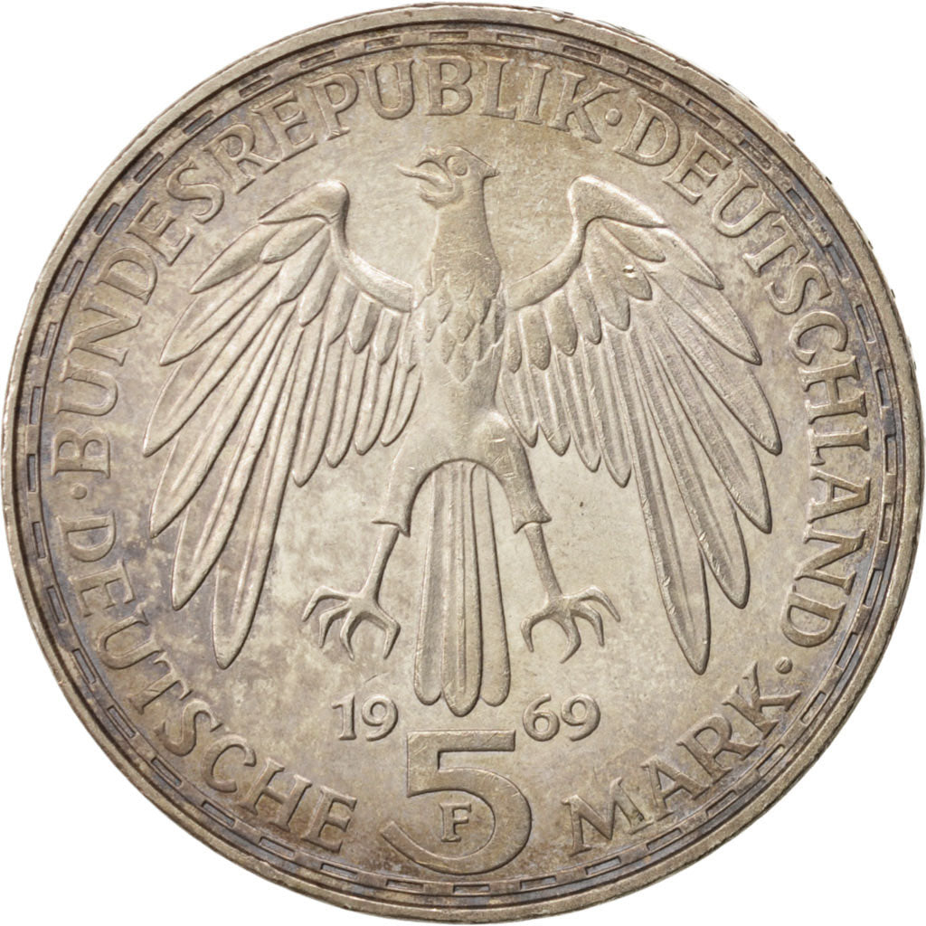 GERMANY - FEDERAL REPUBLIC, 5 Mark, 1969, Stuttgart, Germany, AU(55-58), Silv...