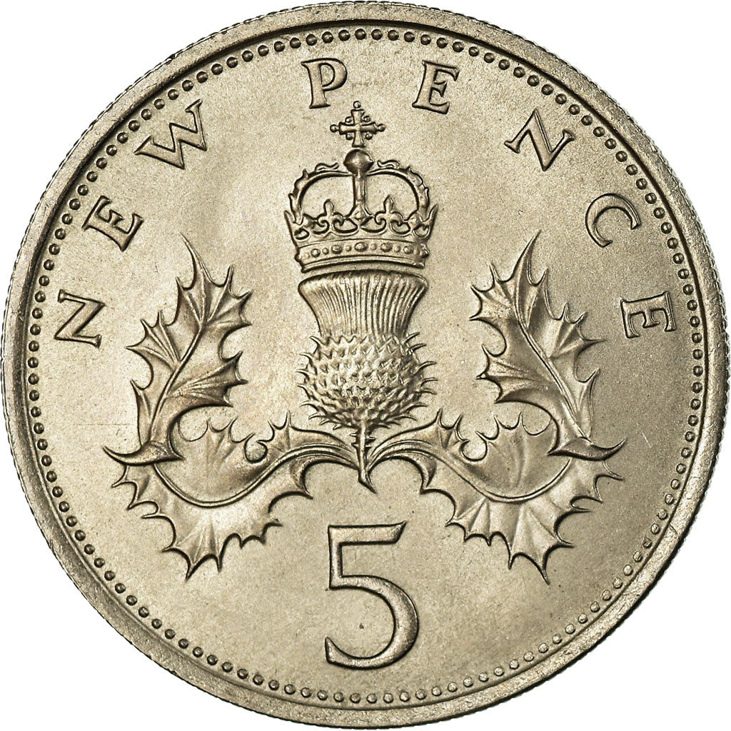 Coin, Great Britain, Elizabeth II, 5 New Pence, 1968, AU(55-58), Copper-nickel