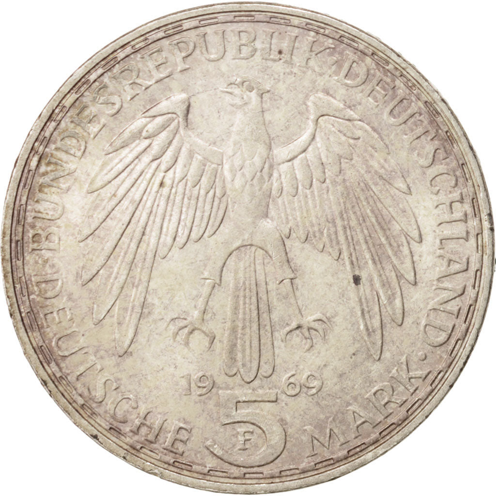 GERMANY - FEDERAL REPUBLIC, 5 Mark, 1969, Stuttgart, Germany, AU(50-53), Silv...