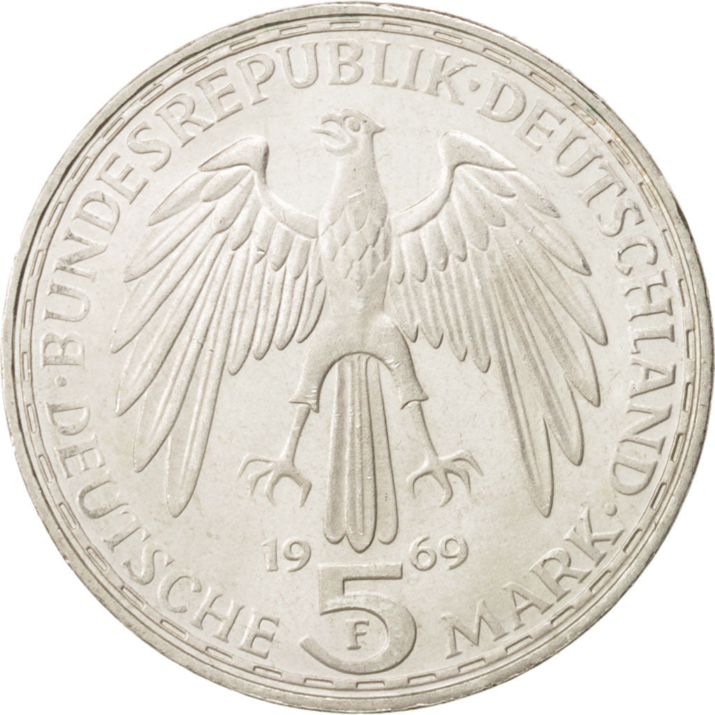 GERMANY - FEDERAL REPUBLIC, 5 Mark, 1969, Stuttgart, Germany, MS(60-62), Silv...
