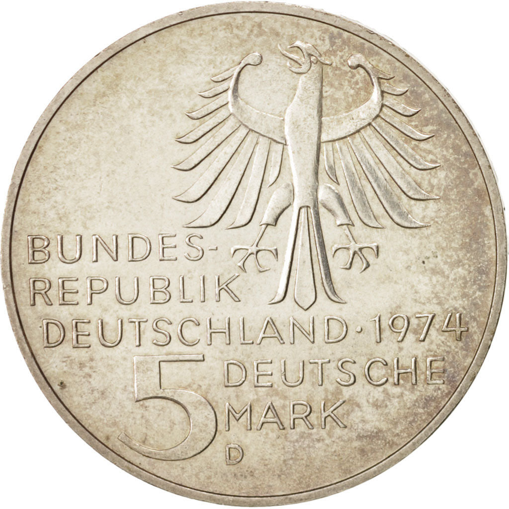 GERMANY - FEDERAL REPUBLIC, 5 Mark, 1974, Munich, Germany, MS(60-62), Silver,...