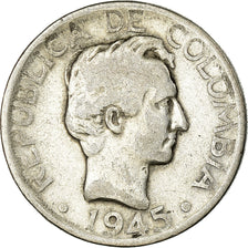 Moneda, Colombia, 20 Centavos, 1945, BC+, Plata, KM:208.1