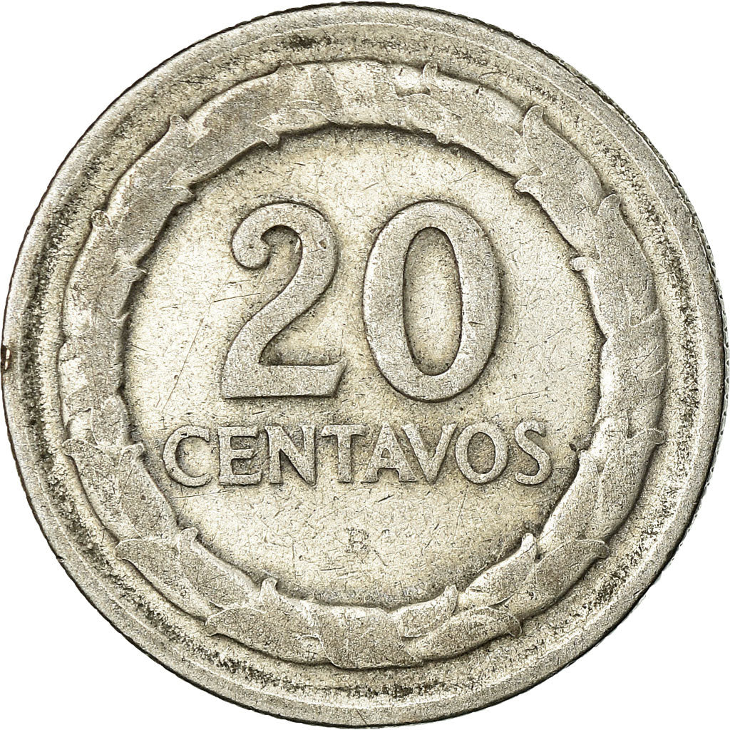 Moneda, Colombia, 20 Centavos, 1945, BC+, Plata, KM:208.1