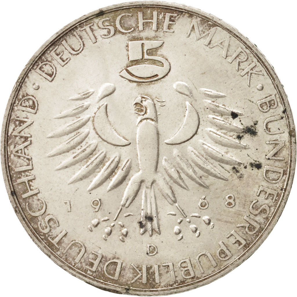 GERMANY - FEDERAL REPUBLIC, 5 Mark, 1968, Munich, Germany, AU(50-53), Silver,...