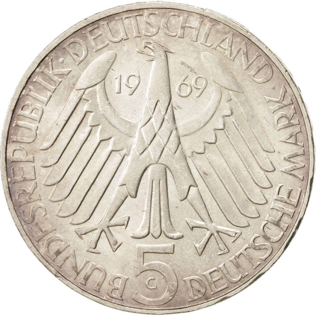 GERMANY - FEDERAL REPUBLIC, 5 Mark, 1969, Karlsruhe, Germany, AU(55-58), Silv...