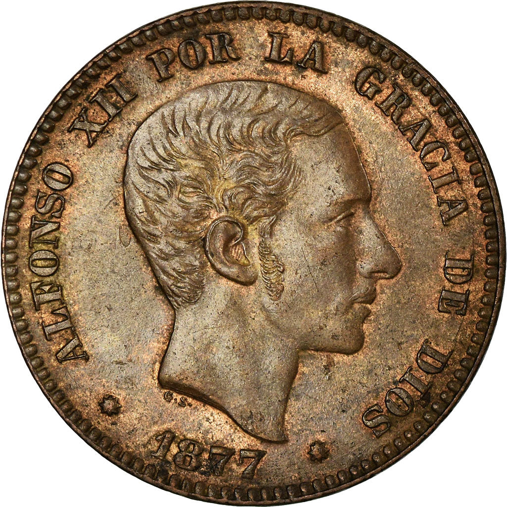 Moneta, Spagna, Alfonso XII, 10 Centimos, 1877, Barcelona, BB, Bronzo, KM:675