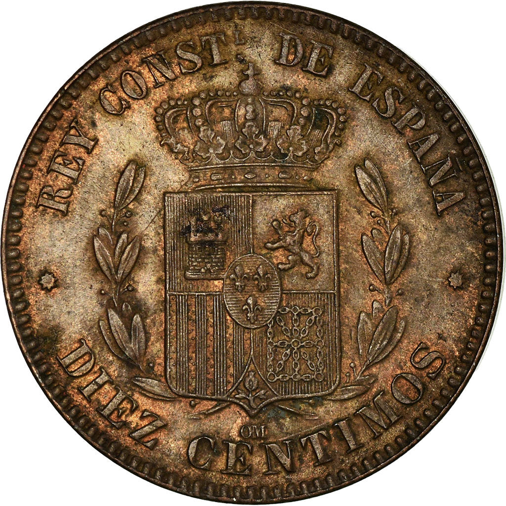 Moneta, Spagna, Alfonso XII, 10 Centimos, 1877, Barcelona, BB, Bronzo, KM:675