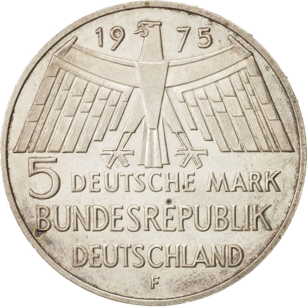 GERMANY - FEDERAL REPUBLIC, 5 Mark, 1975, Stuttgart, Germany, AU(55-58), Silv...