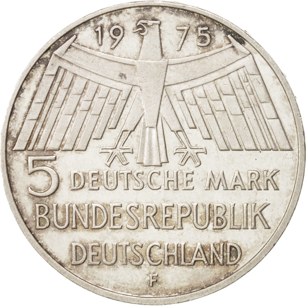 GERMANY - FEDERAL REPUBLIC, 5 Mark, 1975, Stuttgart, Germany, MS(60-62), Silv...