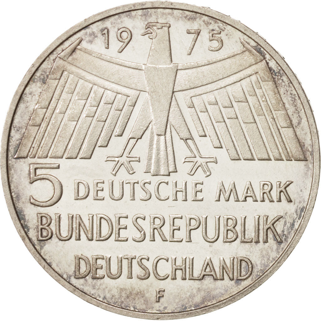 GERMANY - FEDERAL REPUBLIC, 5 Mark, 1975, Stuttgart, Germany, MS(60-62), Silv...