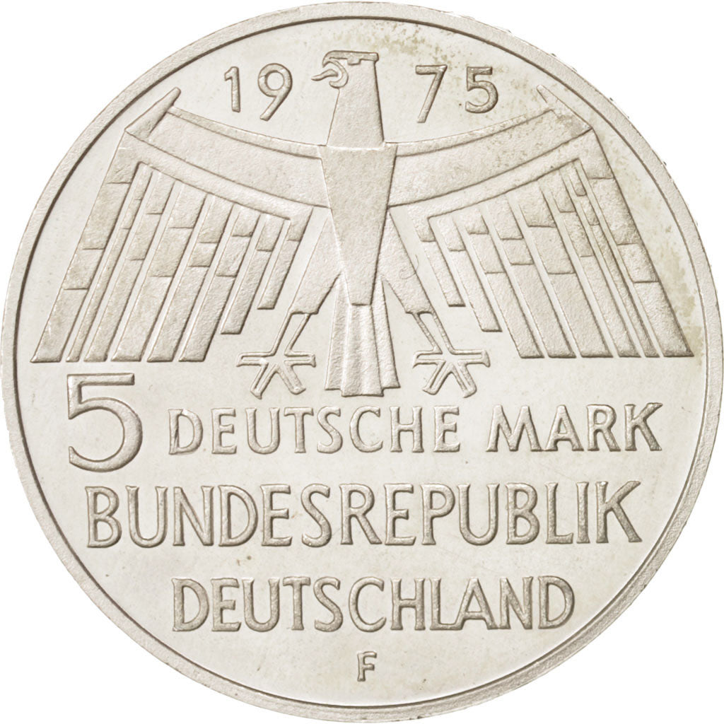 GERMANY - FEDERAL REPUBLIC, 5 Mark, 1975, Stuttgart, Germany, MS(60-62), Silv...