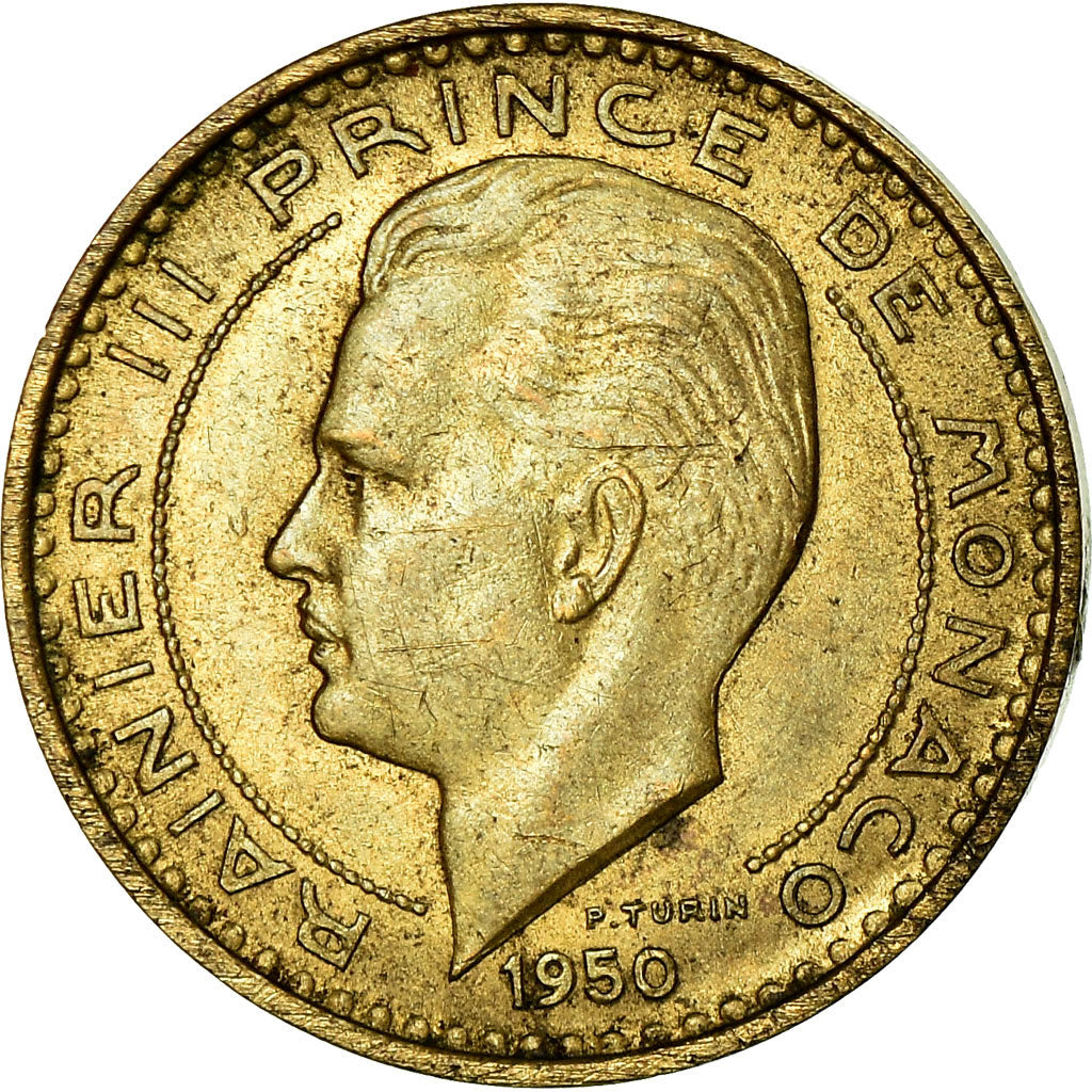 Moeda, Mónaco, Rainier III, 10 Francs, 1950, EF(40-45), Alumínio-Bronze