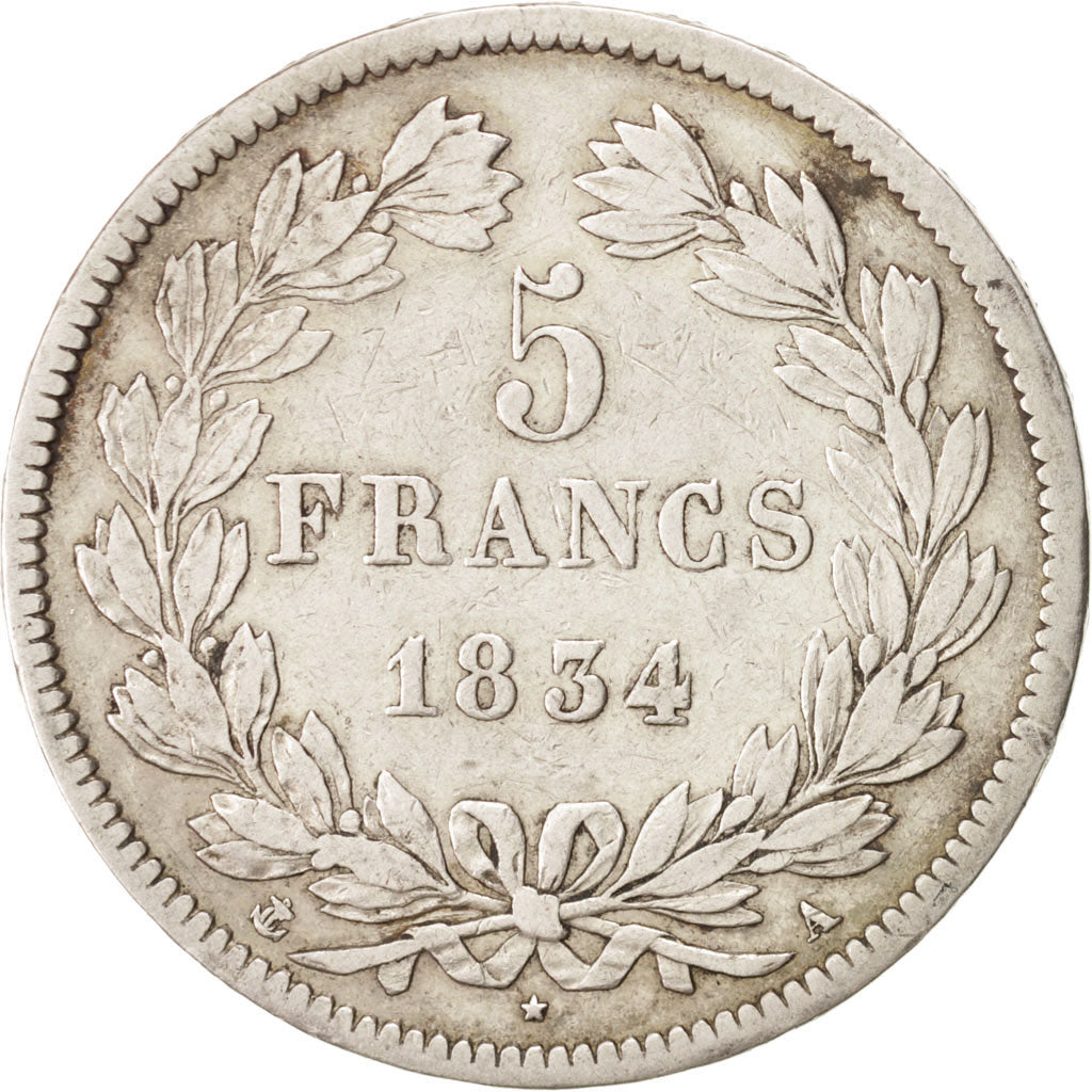 Francia, Louis-Philippe, 5 Francs, 1834, Paris, MB+, Argento, KM:749.1, Gadou...